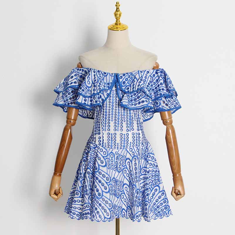 Off Shoulder Embroidered Ruffled Mini Dress