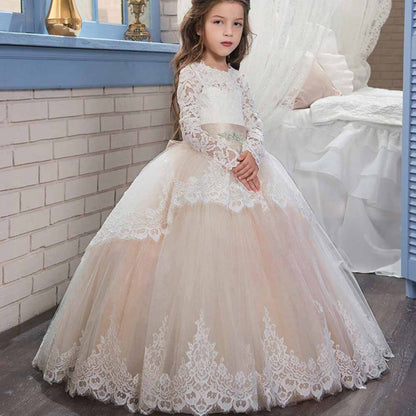 Princess Lace Flower Wedding Dress Kids Prom Puffy Tulle Ball Gown
