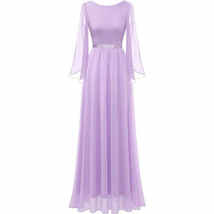 Long Sleeves Chiffon and Lace Bridemaid Dress Evening Long Collar-scoop Prom Dress