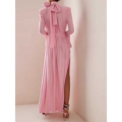 Women Long Flared Sleeve Formal Dress Shoulder Padded High Slit Event Dress