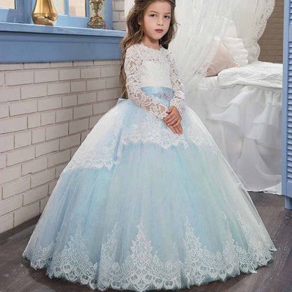 Princess Lace Flower Wedding Dress Kids Prom Puffy Tulle Ball Gown