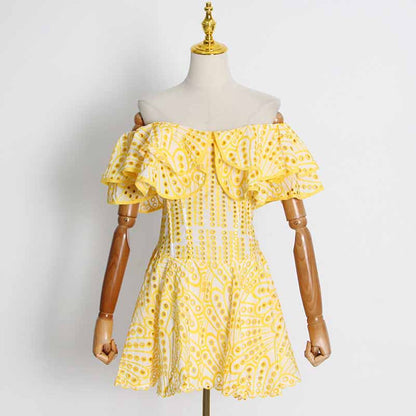 Off Shoulder Embroidered Ruffled Mini Dress