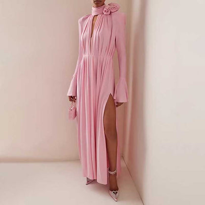 Women Long Flared Sleeve Formal Dress Shoulder Padded High Slit Event Dress