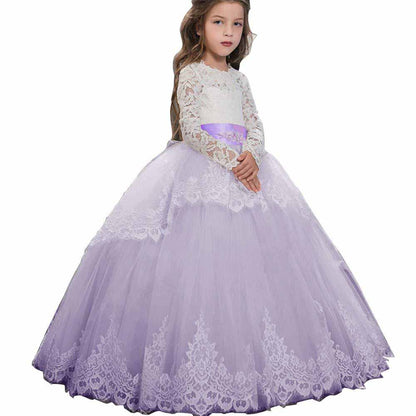 Princess Lace Flower Wedding Dress Kids Prom Puffy Tulle Ball Gown