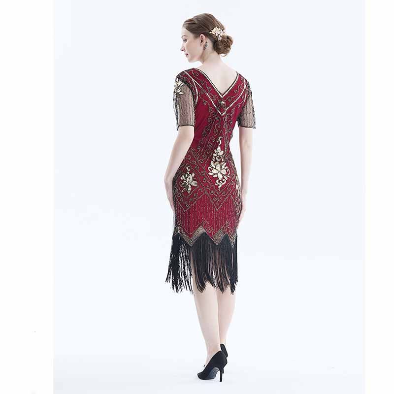 1920's Flapper Dress Short Sleeve V-Neck  Fringe Sequin Beaded Dress