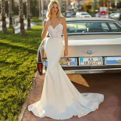 Trumpet Mermaid Sweetheart Sleeveless Sweep Train Satin Wedding Dress