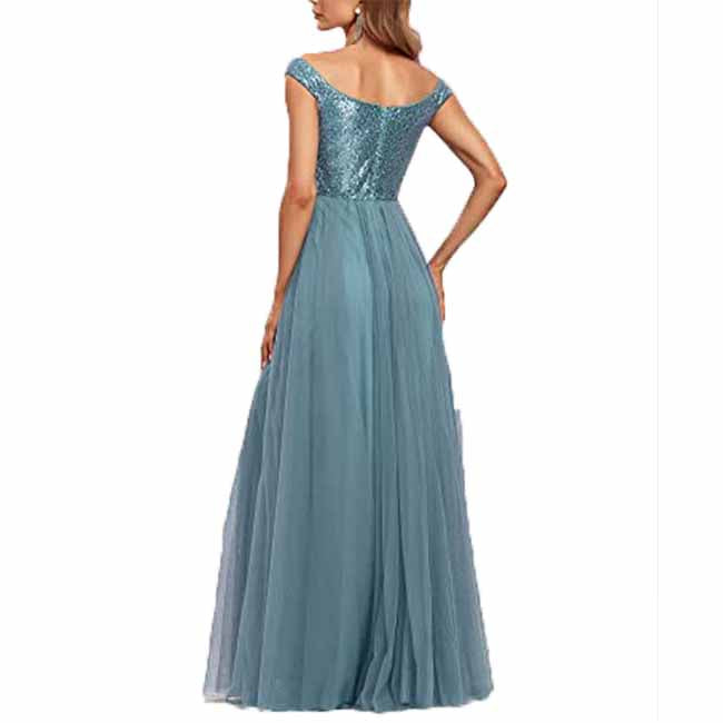 Off The Shoulder Bridesmaid Dress with Sequined Top High Waisted Long Prom Dress