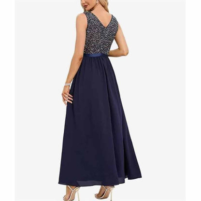 Sleeveless A Line Bridesmaid Dress Sequined High Waisted Maxi Dress