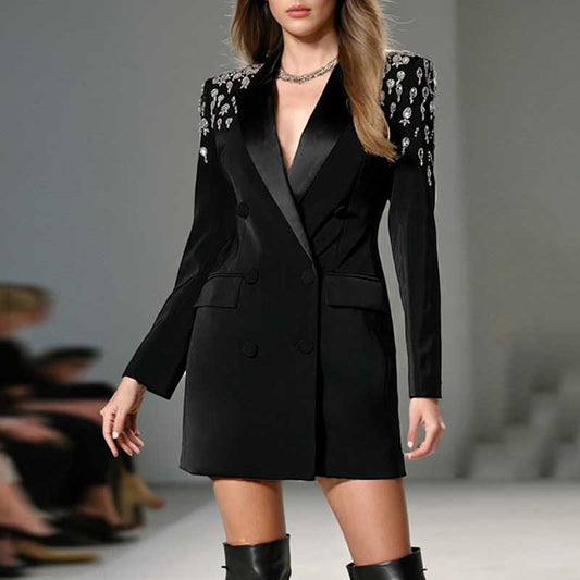 Stylish blazer dress in black featuring embellished shoulders, perfect as a dressy black jacket for special occasions