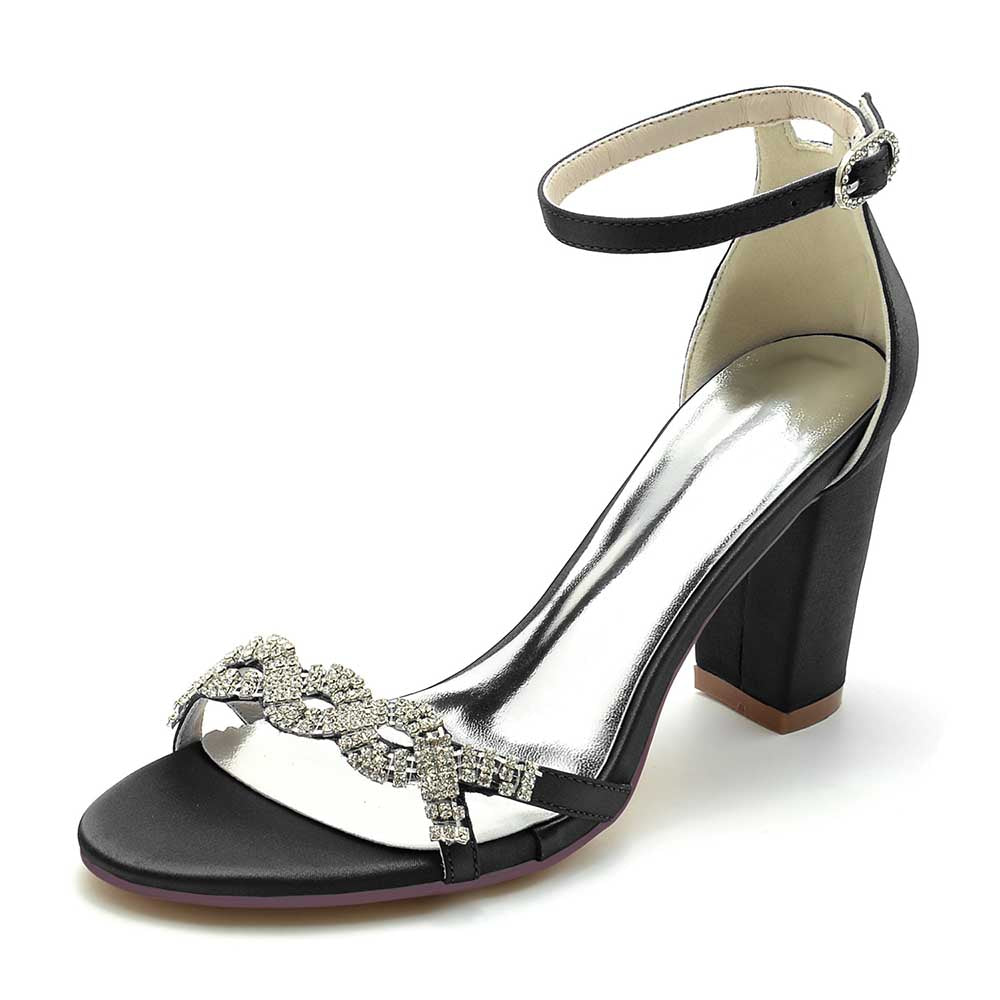 S&DCo. stylish black dressy block heel sandals for weddings with sparkling embellishments