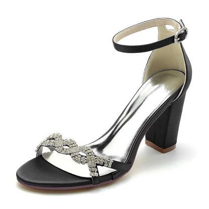 S&DCo. stylish black dressy block heel sandals for weddings with sparkling embellishments