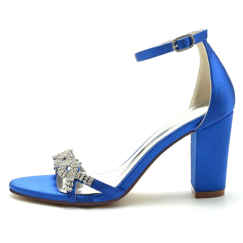 S&DCo. blue dressy block heel sandals for weddings with elegant rhinestone detailing