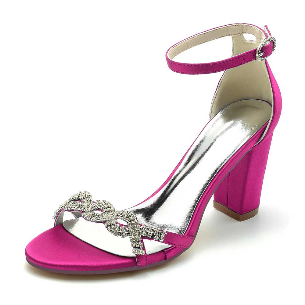 S&DCo. pink dressy block heel sandals for weddings with rhinestone embellishments and ankle strap