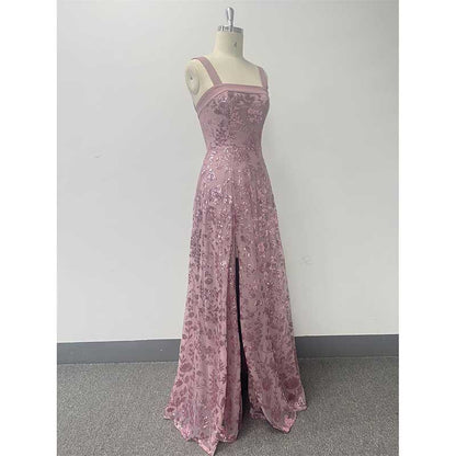 Sleeveless U-Neck Sequin Wedding Guest Dress Dusty Pink Long Evening Dress