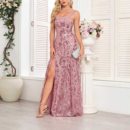 Sleeveless U-Neck Sequin Wedding Guest Dress Dusty Pink Long Evening Dress