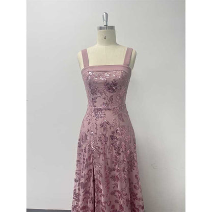 Sleeveless U-Neck Sequin Wedding Guest Dress Dusty Pink Long Evening Dress