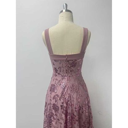 Sleeveless U-Neck Sequin Wedding Guest Dress Dusty Pink Long Evening Dress