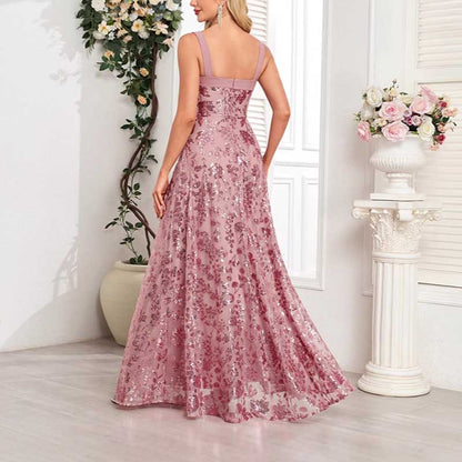 Sleeveless U-Neck Sequin Wedding Guest Dress Dusty Pink Long Evening Dress