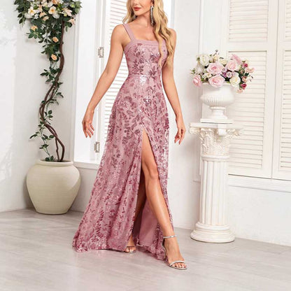 Sleeveless U-Neck Sequin Wedding Guest Dress Dusty Pink Long Evening Dress