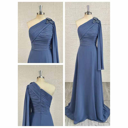 Custom One Shoulder Dusty Blue Long Bridesmaid & Prom Dress | Elegant A-Line Gown