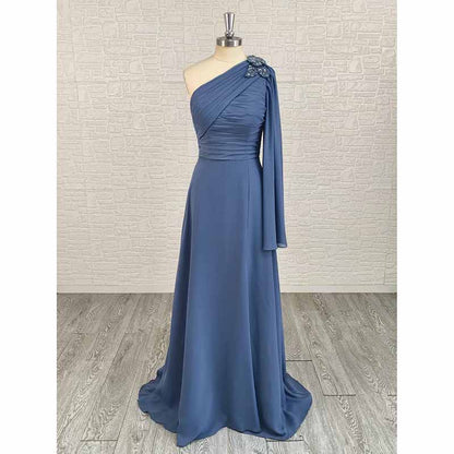 Custom One Shoulder Dusty Blue Long Bridesmaid & Prom Dress | Elegant A-Line Gown
