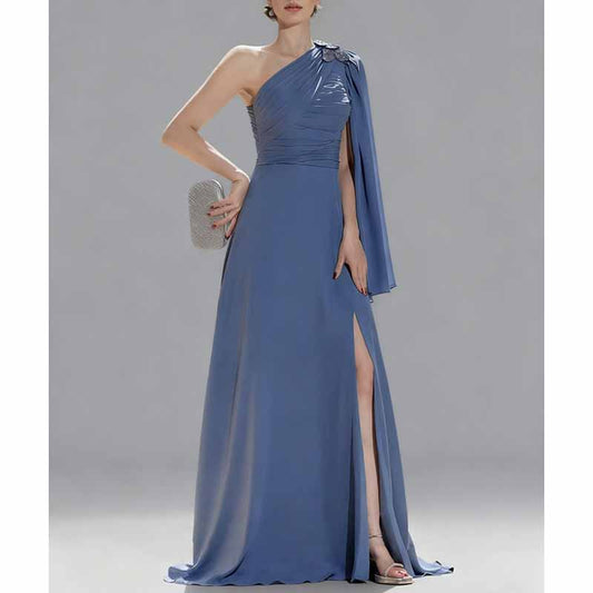 Custom One Shoulder Dusty Blue Long Bridesmaid & Prom Dress | Elegant A-Line Gown