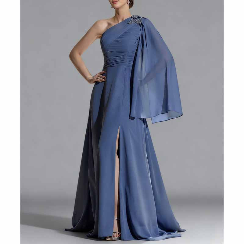 Custom One Shoulder Dusty Blue Long Bridesmaid & Prom Dress | Elegant A-Line Gown