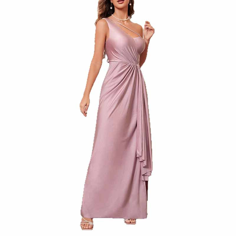 One Shoulder Dusty Pink Satin Dress –  Formal Party Dress for Night Out & Celebrations