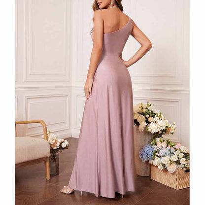 One Shoulder Dusty Pink Satin Dress –  Formal Party Dress for Night Out & Celebrations