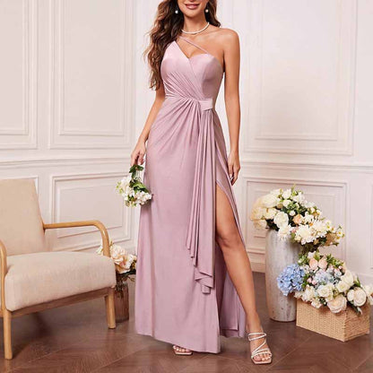 One Shoulder Dusty Pink Satin Dress –  Formal Party Dress for Night Out & Celebrations