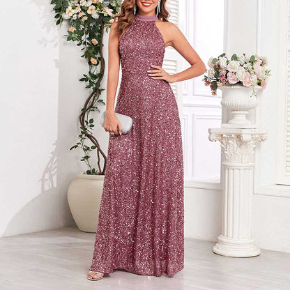 Halter Neck Sequin Wedding Guest Dress Dust Rose Long Evening Dress