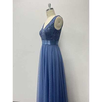 Tulle Sequin Wedding Guest Dress V-Neck Sleeveless Long Evening Dress