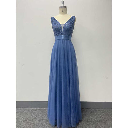 Tulle Sequin Wedding Guest Dress V-Neck Sleeveless Long Evening Dress