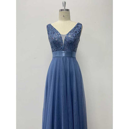 Tulle Sequin Wedding Guest Dress V-Neck Sleeveless Long Evening Dress
