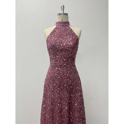 Halter Neck Sequin Wedding Guest Dress Dust Rose Long Evening Dress