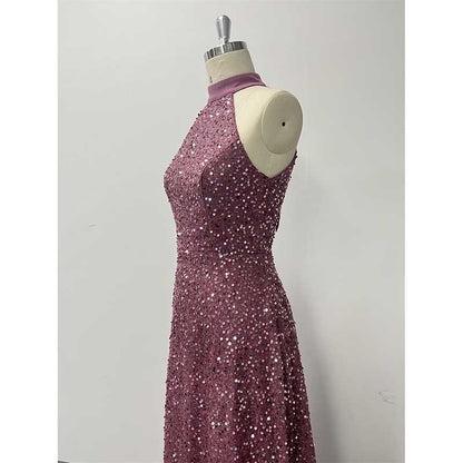 Halter Neck Sequin Wedding Guest Dress Dust Rose Long Evening Dress