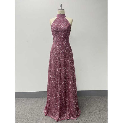 Halter Neck Sequin Wedding Guest Dress Dust Rose Long Evening Dress