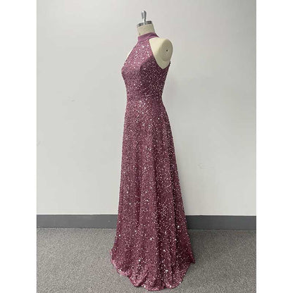 Halter Neck Sequin Wedding Guest Dress Dust Rose Long Evening Dress