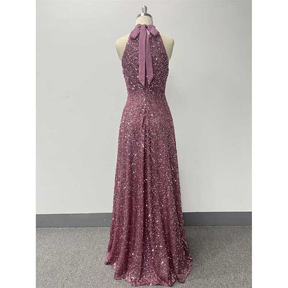 Halter Neck Sequin Wedding Guest Dress Dust Rose Long Evening Dress