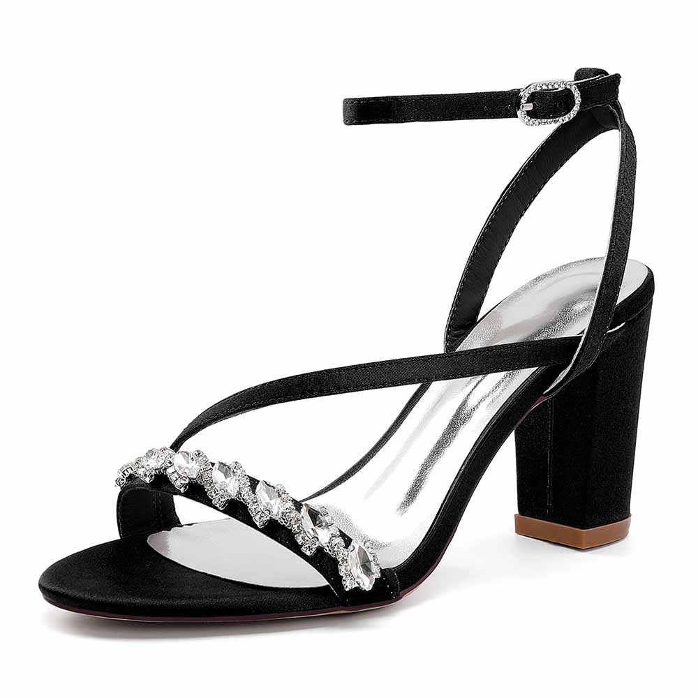 Elegant ankle strap dress shoes in black with embellished detail and a stylish block heel