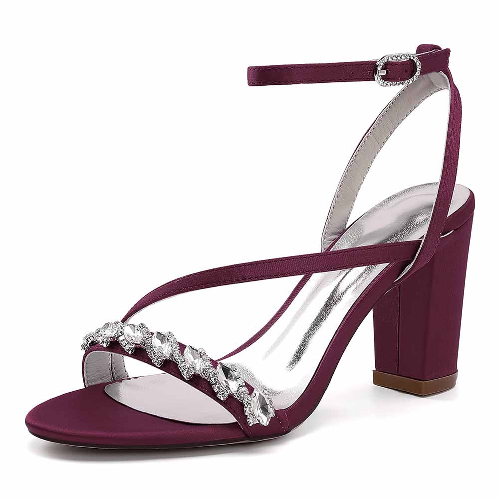 Elegant ankle strap dress shoes in burgundy with a stylish block heel and decorative embellishments