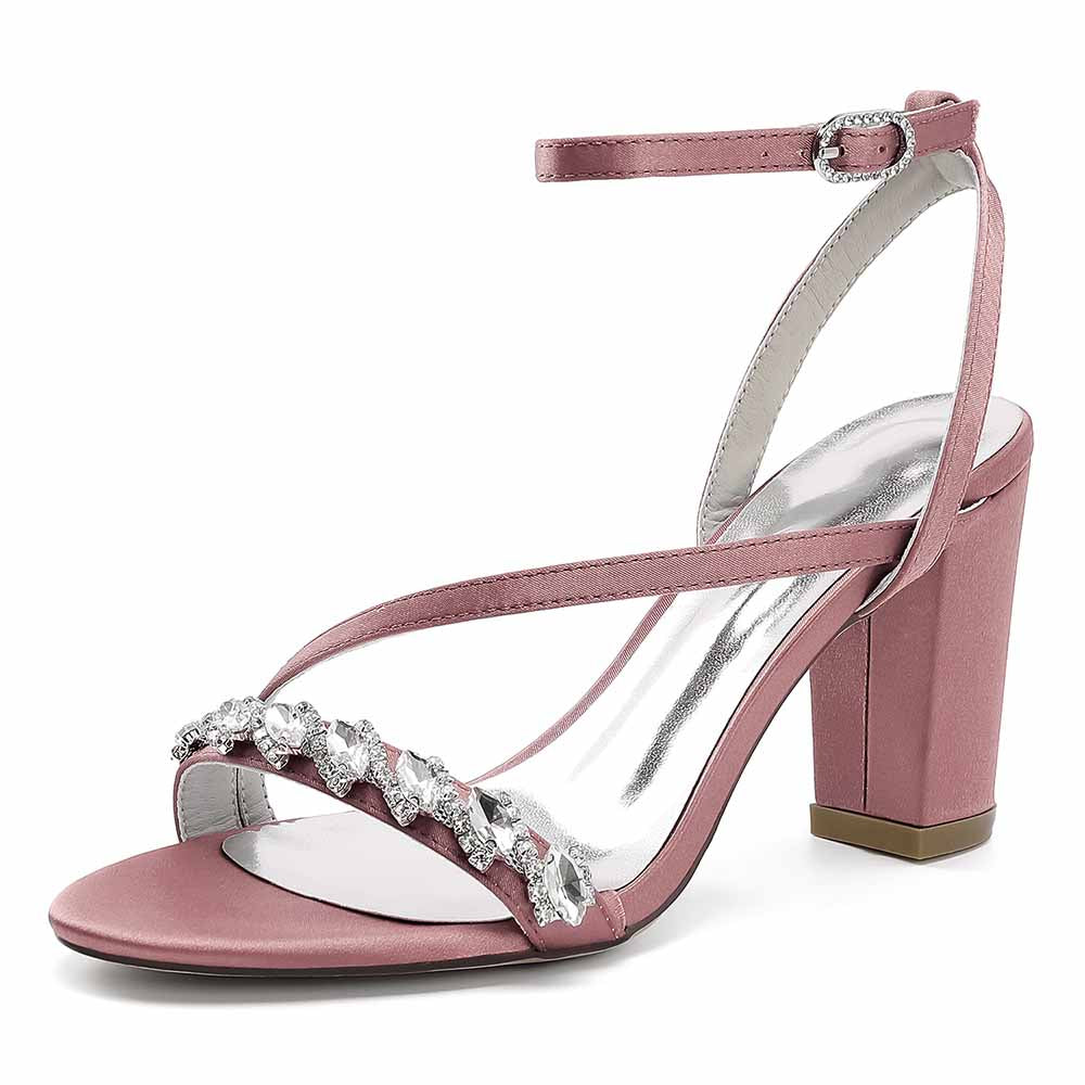 Elegant ankle strap dress shoes in pink with decorative rhinestone detailing and block heel