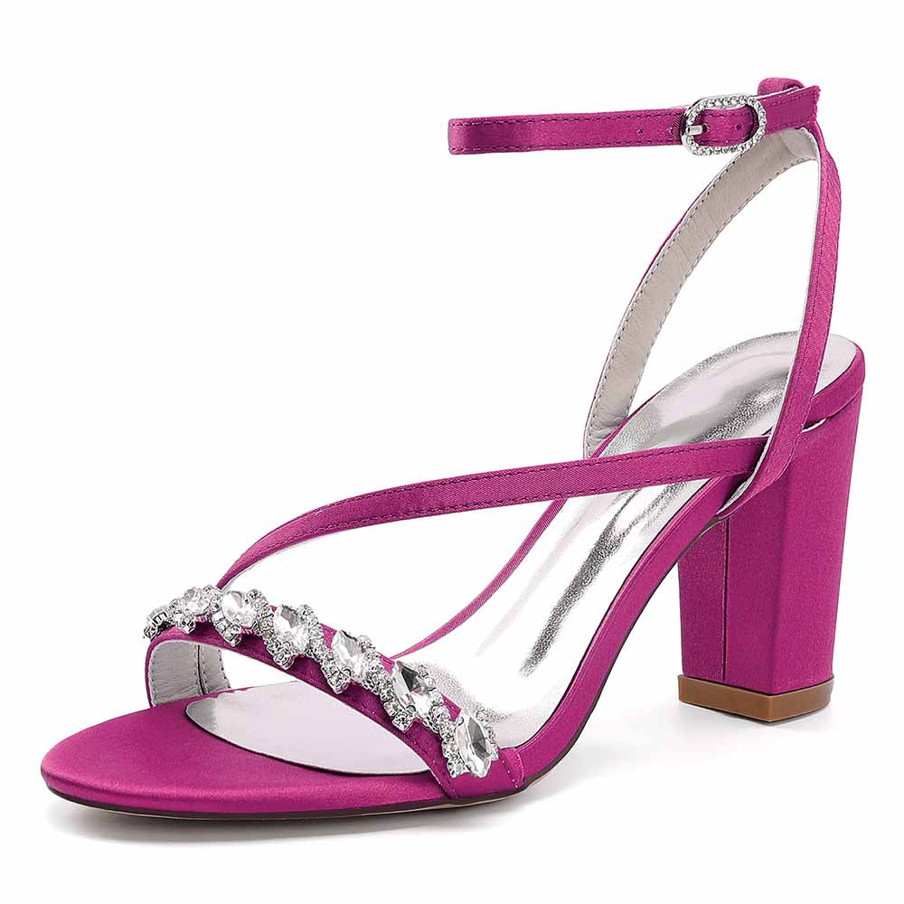 Elegant ankle strap dress shoes in fuchsia with a stylish block heel and decorative embellishments