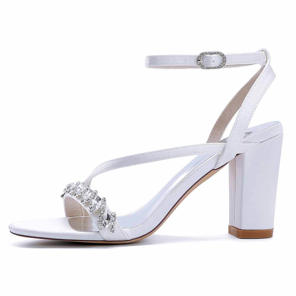 Elegant ankle strap dress shoes in white with rhinestone detailing and block heel for special occasions