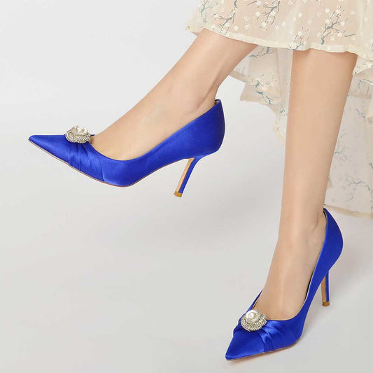 Elegant beaded prom shoes in blue satin with chic pointed toe and jeweled embellishment