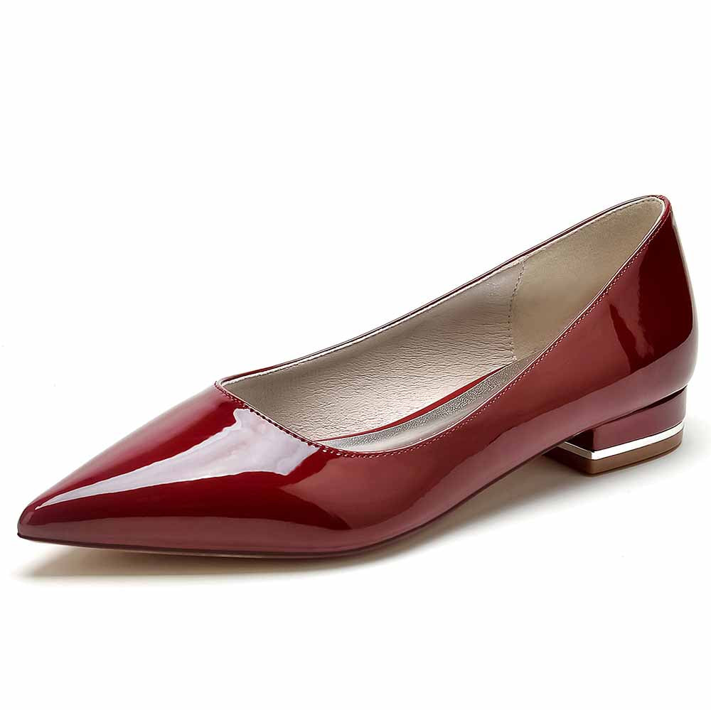 S&DCo. elegant bridesmaid shoes low heel in glossy red with a pointed toe design
