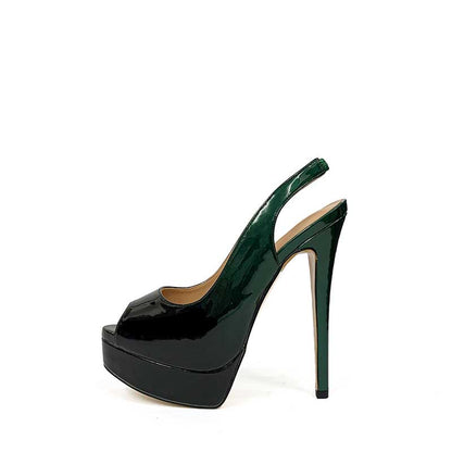 Elegant peep toe platform pumps in glossy green with a sleek high heel design