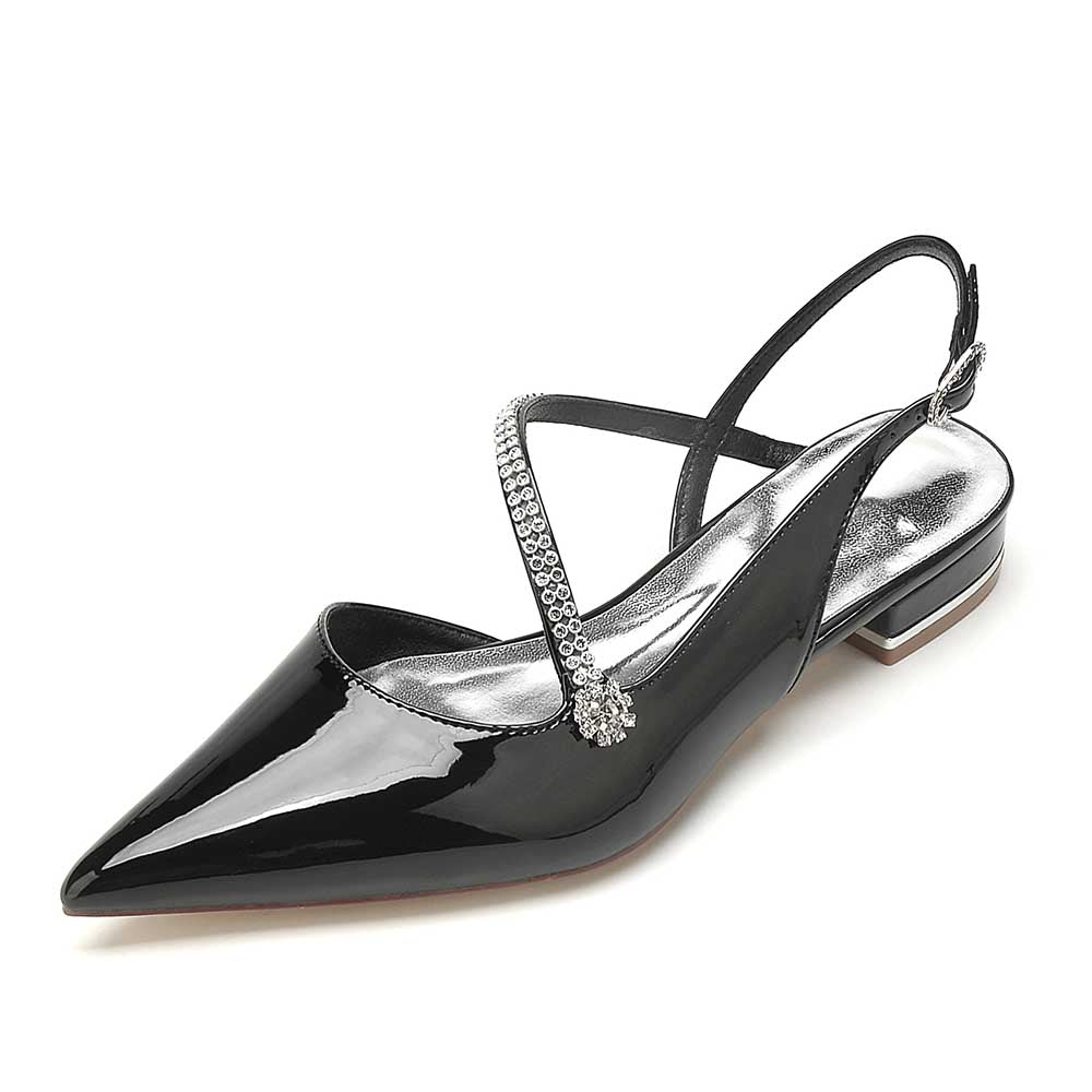 Elegant slingback flats for weddings in black patent leather with sparkling strap detail