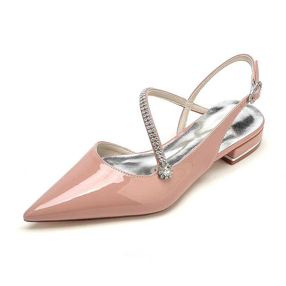 S&DCo. Elegant slingback flats for weddings in shiny pink with a stylish pointed toe and rhinestone detail