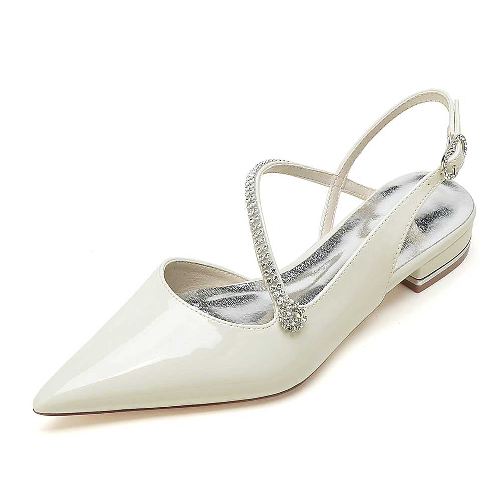 S&DCo. elegant slingback flats for weddings in white patent leather with a stylish design